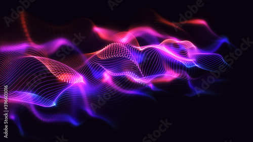 Shining digital waves background illustration. Glowing line particles with beautiful bokeh. Creative 3d design concept art