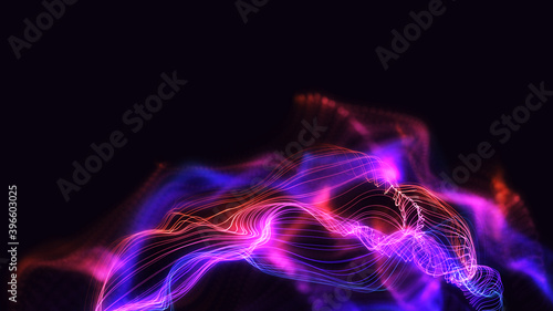 Bright glowing dynamic waves background illustration artwork. Multi-coloured line particles with beautiful bokeh. Digital 3d concept