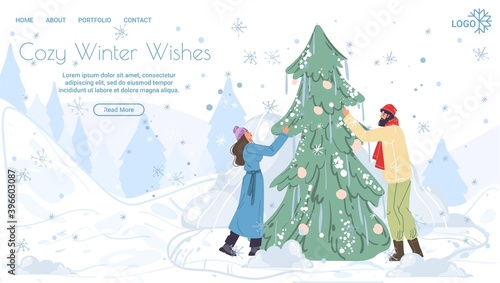 Flat cartoon family characters happily decorating christmas tree,merry Xmas,happy New Year holiday concept