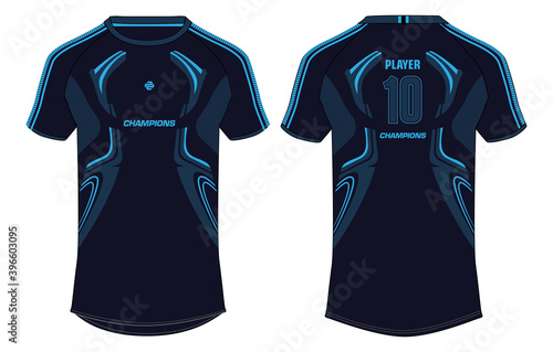 Sports t-shirt jersey design concept vector template, sports jersey concept with front and back view for Soccer, Cricket, Football, Volleyball, Rugby, tennis, badminton and e-sports uniform.