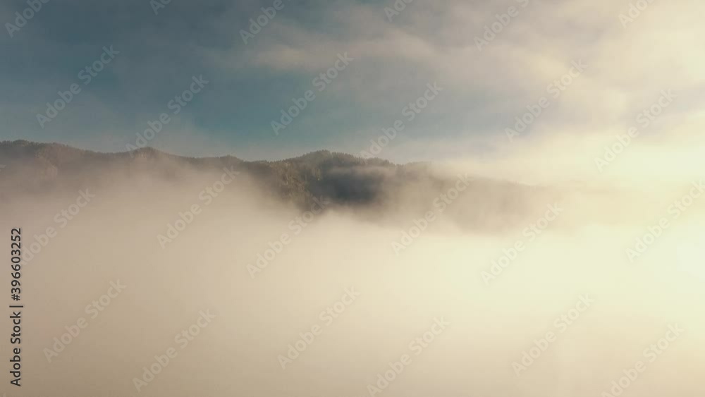 Aerial morning view of the Altai mountain range with autumn forest through low clouds. The Altai Republic and the Altai Krai of Russia Aerial morning view of the Altai mountain range with autumn forest through low clouds. The Altai Republic and the Altai Krai of Russia
