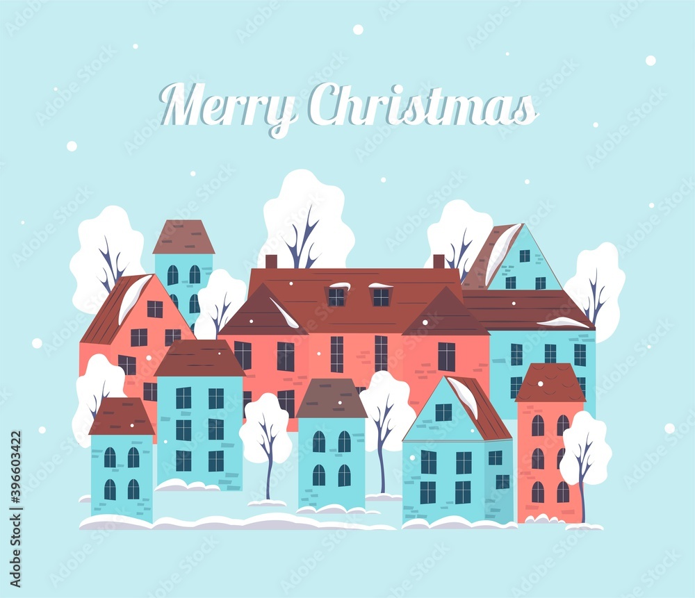 Merry christmas winter houses with snow. Winter town in a cartoon style. Flat vector illustration.
