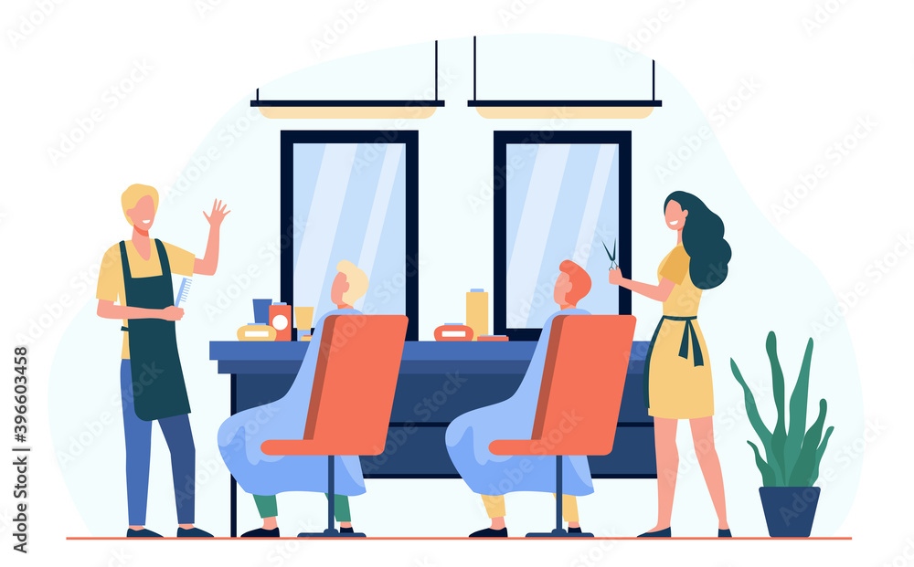 Man sitting in chair in barbershop isolated flat vector illustration. Cartoon hairdressers making haircut for clients. Hairdressing salon and fashion concept Man sitting in chair in barbershop isolated flat vector illustration. Cartoon hairdressers making haircut for clients. Hairdressing salon and fashion concept