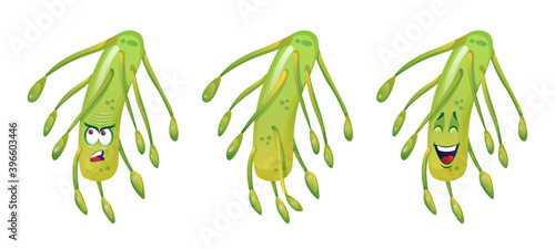 Parasite virus isolated scary green microbe indignant and smiling, with oblong body. Vector bacteria microorganism, happy germ mutant. Harmful cell in human organism, scary monster with ugly face