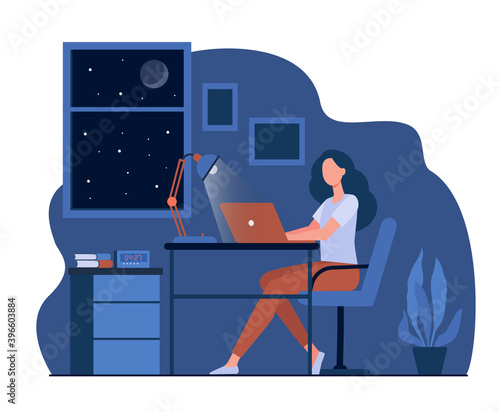 Female designer working late in room flat vector illustration. Cartoon student using laptop computer at night and sitting at desk. Home office and workplace concept