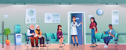 Hospital hallway with doctors, patients on chairs waiting in queue, people wait on appointment with practitioner in clinic hall, nurse invites next. Consultation and diagnosis, medic center reception