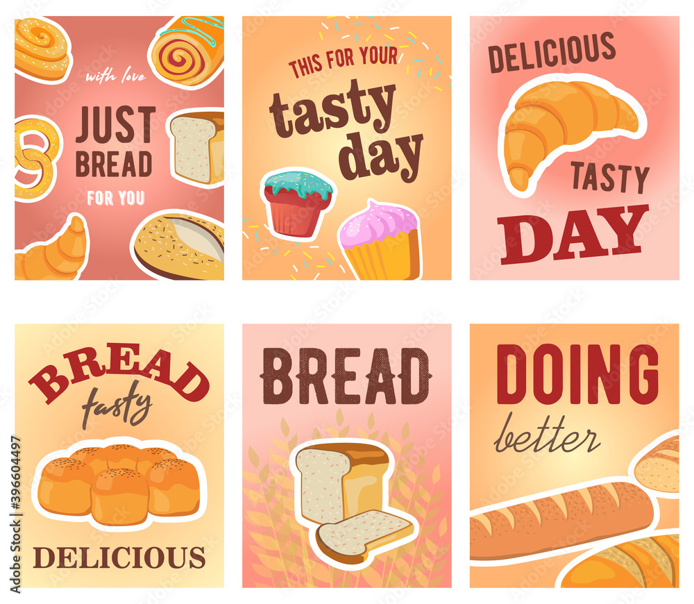 Tasty day greeting card designs with bread and muffins. Creative postcards with text and tasty fresh loafs. Pastry and confectionery concept. Template for promotional postcard or brochure