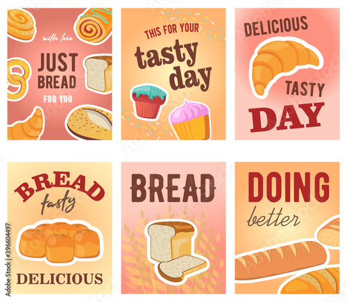 Tasty day greeting card designs with bread and muffins. Creative postcards with text and tasty fresh loafs. Pastry and confectionery concept. Template for promotional postcard or brochure