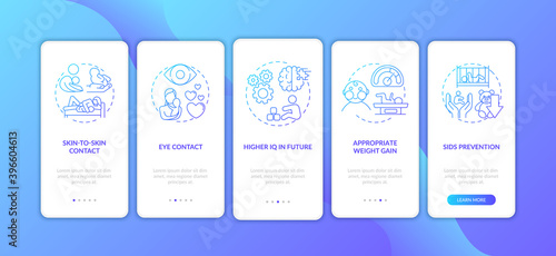Breastfeeding pros onboarding mobile app page screen with concepts. Appropriate weight gain walkthrough 5 steps graphic instructions. UI vector template with RGB color illustrations