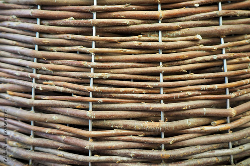 the background of the brown bound basket is close . braided texture