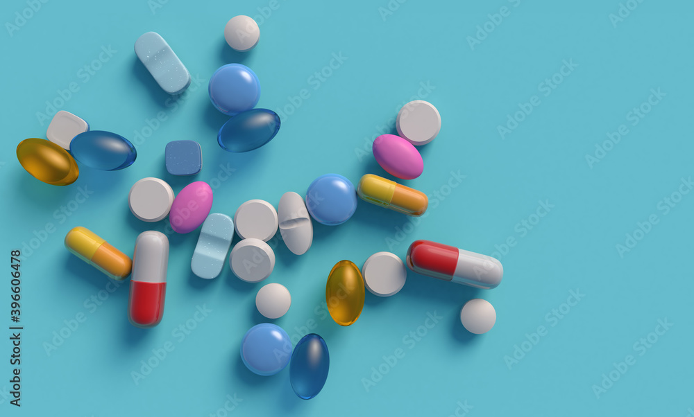 Top down view of a medicines heap isolated on blue background. 3d illustration of pharmaceuticals.