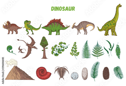 Dinosaurs hand drawn. Vector illustration. Cartoon collection. Jurassic period. Herbivorous and carnivorous dinosaur. Hand drawn collection.