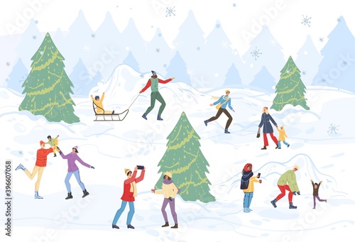 Flat cartoon happy family characters doing winter outdoor activities, sledging in snow,merry christmas,happy New Year holiday concept