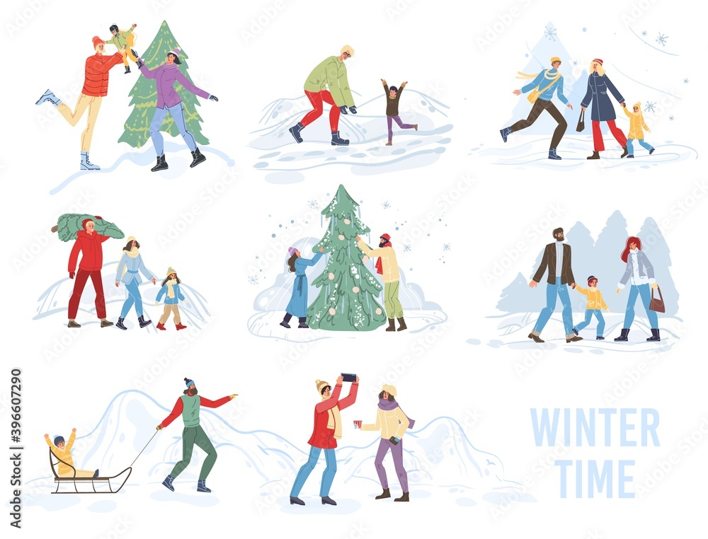 Fototapeta premium Flat cartoon family characters doing winter outdoor activities,sledging,decorating christmas tree in snow,merry Xmas,happy New Year holiday concept