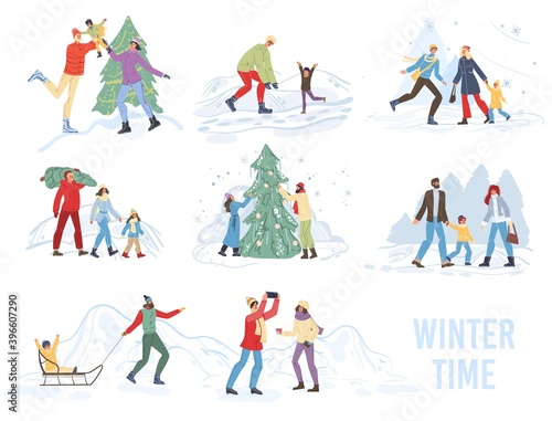 Flat cartoon family characters doing winter outdoor activities,sledging,decorating christmas tree in snow,merry Xmas,happy New Year holiday concept