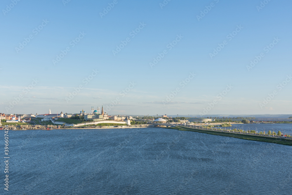 view of the Kremlin and the center of Kazan from the other bank of the Kazanka River, photo was taken on a sunny day