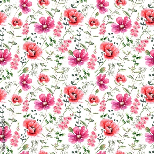 seamless pattern with delicate wildflowers on a white background  watercolor illustration hand painted  