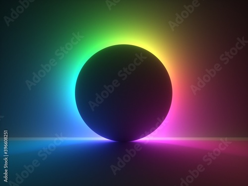 3d render, modern minimal abstract background with colorful neon light behind the round black shape. photo