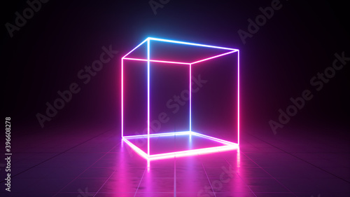 3d render, abstract ultraviolet background, pink violet neon cube perspective view, simple square geometric shape, cubic cage stand inside the dark empty room photo