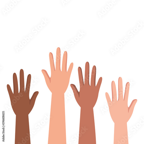 interracial hands humans up protesting vector illustration design