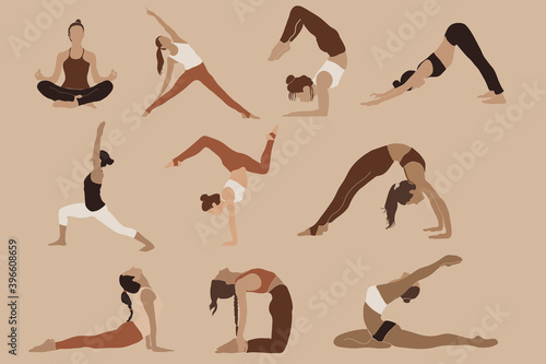 Abstract yoga poses clipart, boho woman portrait, yoga prints, meditation art, abstract modern collection, fashionable template for design