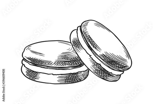Macaroon or French dessert. Hand drawn bakery product. Celebratory Sweet Food. Vintage engraved sketch. Vector illustration for a banner or menu of a cafe and restaurant.