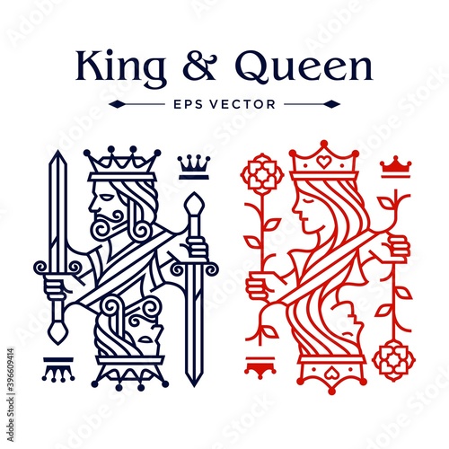 King and queen card drawing line illustration  casino poker logo design  Luxury red and blue color of King and queen Playing Card in white Background