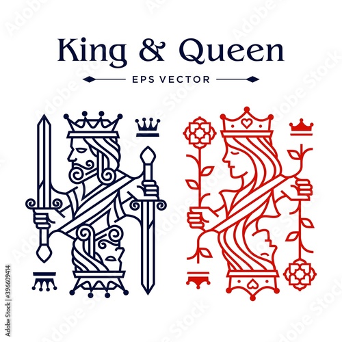 King and queen card drawing line illustration, casino poker logo design, Luxury red and blue color of King and queen Playing Card in white Background
