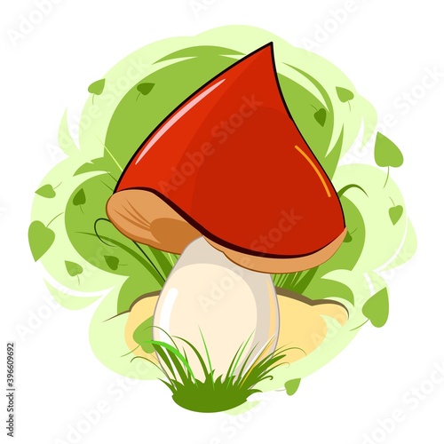 Red-brown mushroom on an abstract background. Picture. Vector isolated on white. Cartoon flat style. Beautiful little forest mushroom in the grass.