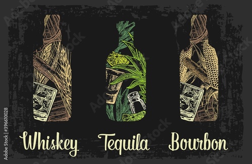 Whiskey and tequila bottle with glass, ice cubes, barrel, cigar, cactus, salt and lime.