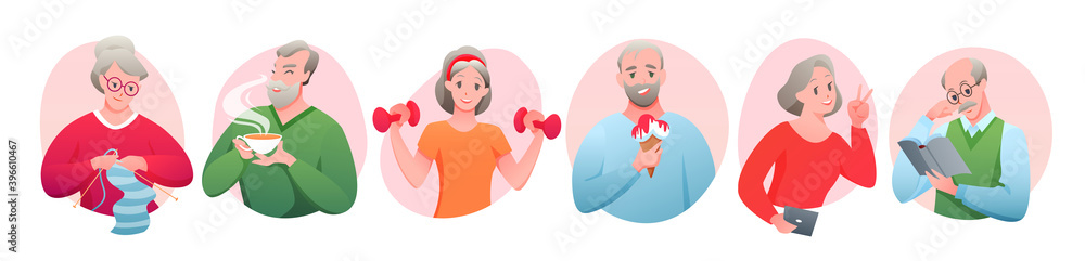 Senior people activity set with cartoon round avatars