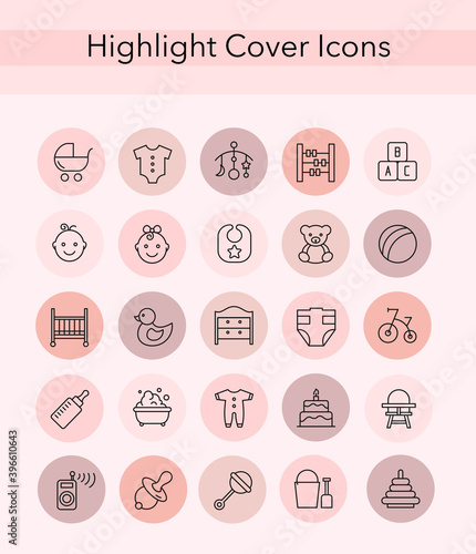Social media collection of pink and black line covers for female account, blogger stories, lifestyle fashion elements, food and travel. highlight icons vector set.