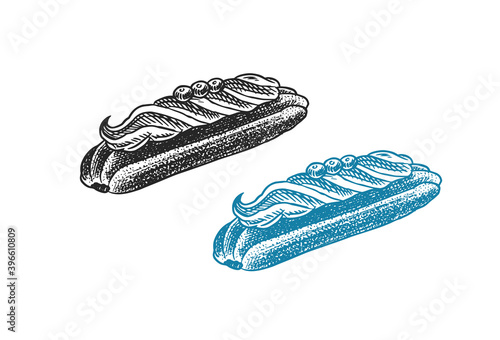 French Eclair. Sweet cake. Hand drawn bakery product. Celebratory Sweet Food. Vintage engraved sketch. Vector illustration for a banner or menu of a cafe and restaurant.