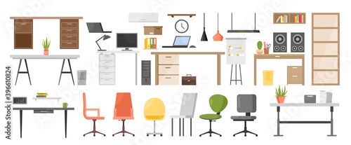 Office furniture set with chair, table with laptop, lamp