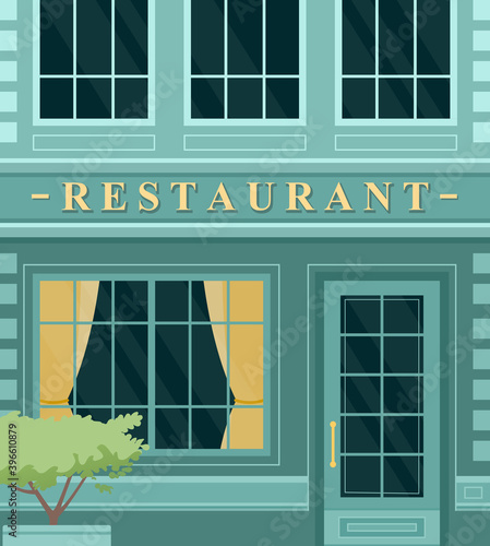 Vintage cafe restaurant building facade on city street