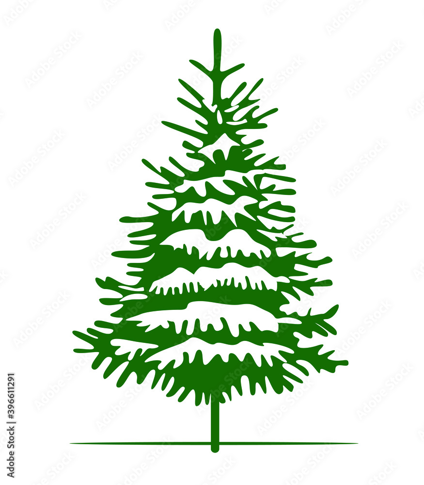 Fototapeta premium Green Christmas Tree and Sow. Vector illustration and Icon.