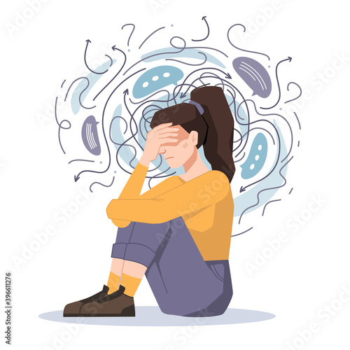 Anxiety, woman fears and phobias, thoughts get confused and crushed isolated girl sitting on floor with headache. Vector troubled unhappy girl, anxious scared female in despair, psychological problems