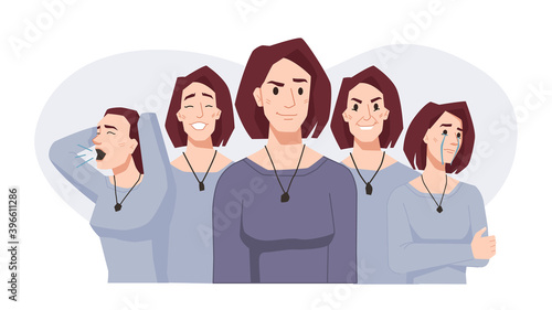 Bipolar disorder, mood swings, woman face expressions in different moods. Vector female happy and crying, in depression and stress, split of personality. Psychotherapy problems, positive and negative