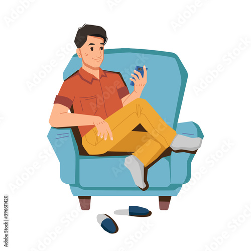 Teenager boy uses smartphone, browsing or chatting, texting or watching videos. Vector man sitting in armchair with phone, slippers under chair. Person with cellphone, guy communicating by mobile