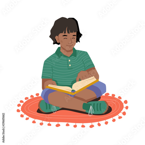 Young girl in lotus position sitting on carpet at floor and reading book. Vector afro american girl reads novel, hobby and leisure pastime. Elementary school pupil with textbook, clever schoolgirl