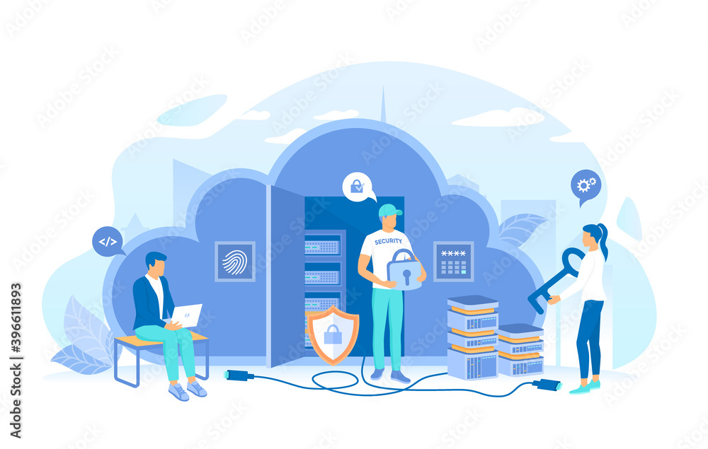 Security service protects cloud data storage. Cloud Security, Cloud Computing, Data Protecting, Secure data exchange. Working process, teamwork communication. Vector illustration flat style.