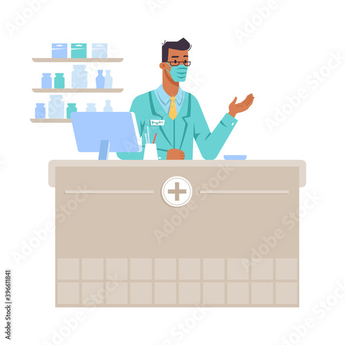 Workplace of pharmacist wearing protective facial mask standing by counter. Cashier selling medicine and medical products at drug store. Interior with computer and shelves. Cartoon character, vector