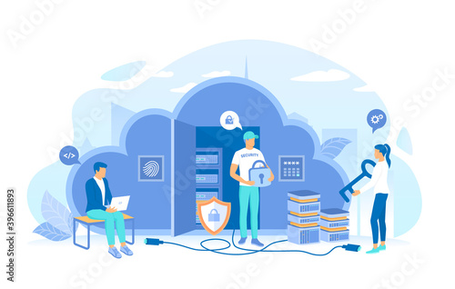Security service protects cloud data storage. Cloud Security, Cloud Computing, Data Protecting, Secure data exchange. Working process, teamwork communication. Vector illustration flat style.