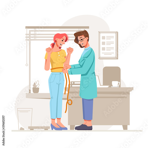 Satisfied slim girl measuring waist at nutritionist office. Great results at losing weight and eating healthy food. Patient at clinics keeping dieting. Doctor help. Cartoon character, vector in flat