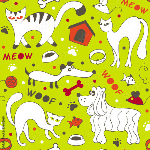 Domestic animals seamless pattern. Cat and dog background for pet shop