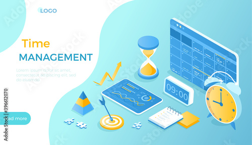 Time Management Concept.  Project planning, organization of working time, distribution of tasks, successful business administration. Isometric vector illustration for website. 