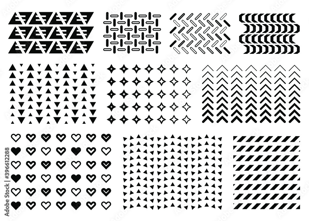 Vector memphis design elements set. Collection of black abstract geometric shapes isolated on white background. Repeating memphis pattern with triangles, squares, arrows hearts dynamic gradient.