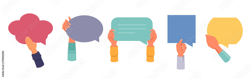 Hands holding speech bubbles, reviews and feedback isolated set. Vector chats ir comments, dialog messages and customer opinion, banners or quotes in shape of clouds, round, square and rectangular - obrazy, fototapety, plakaty 