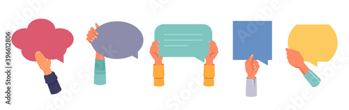 Hands holding speech bubbles, reviews and feedback isolated set. Vector chats ir comments, dialog messages and customer opinion, banners or quotes in shape of clouds, round, square and rectangular