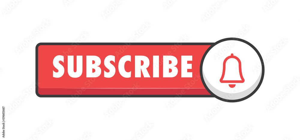 Subscribe red button with bell icon. Subscription to channel in social media. Flat style vector design. Subscribe red button with bell icon. Subscription to channel in social media. Flat style vector design.